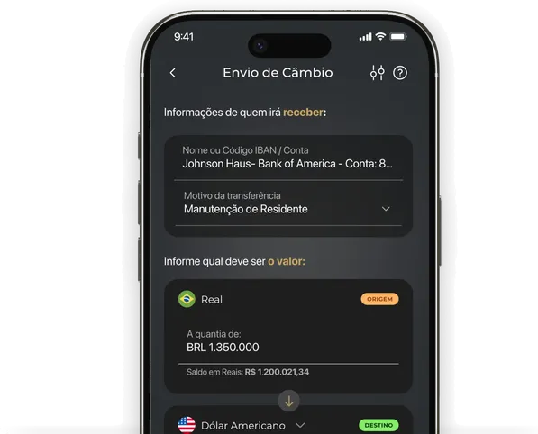 Tela de envio de câmbio no aplicativo ASA.