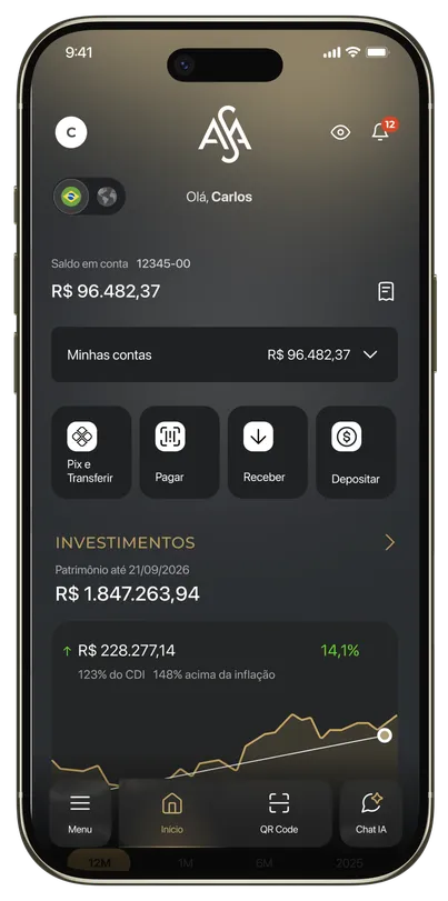 Tela inicial do aplicativo ASA mostrando saldo, atalhos para Pix, pagamentos e investimentos.