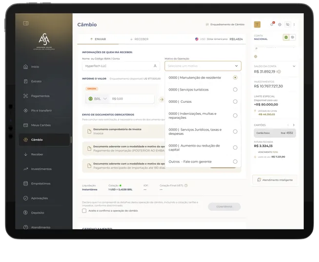 Tela de envio de câmbio do internet banking ASA Empresas em um tablet, com o motivo da operação e os documentos obrigatórios.