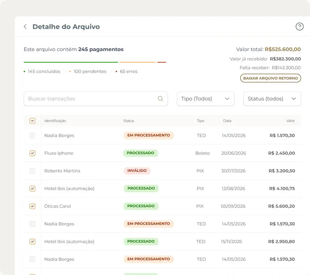 Detalhe de um arquivo de pagamentos no ASA Empresas, com o total, o andamento e a lista de transações por status.