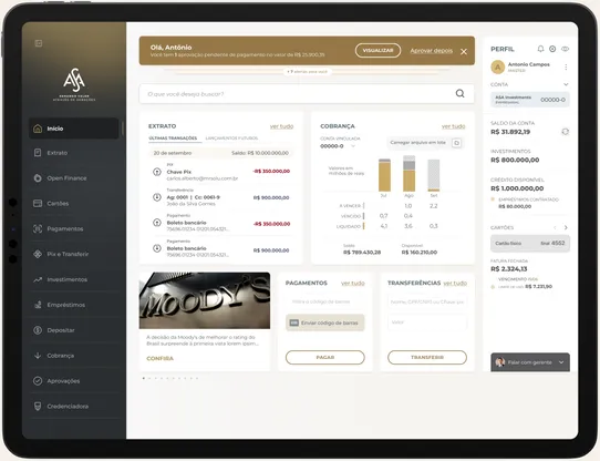 Internet banking ASA Empresas em um tablet, com extrato, cobrança, pagamentos e transferências na mesma tela.