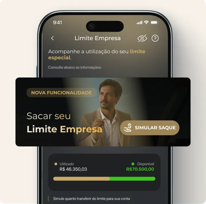 Aplicativo ASA Empresas mostrando o Limite Empresa, com valor utilizado e disponível e um atalho para simular o saque.