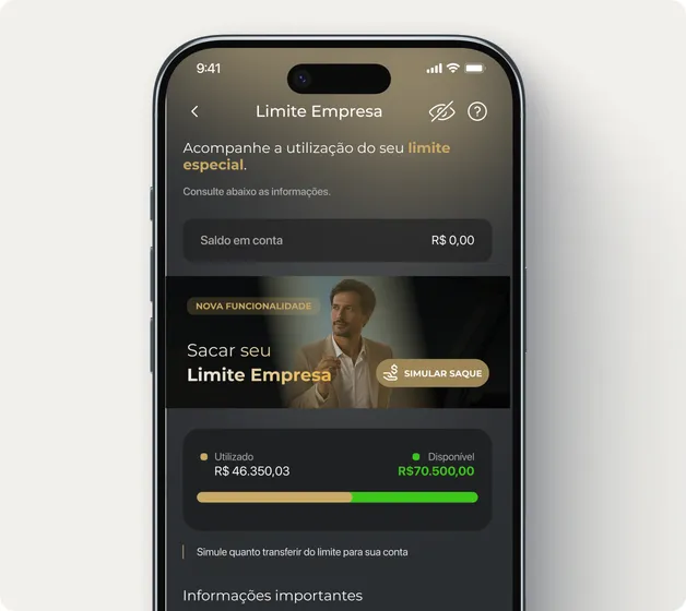 Aplicativo ASA Empresas mostrando o Limite Empresa, com valor utilizado e disponível e um atalho para simular o saque.