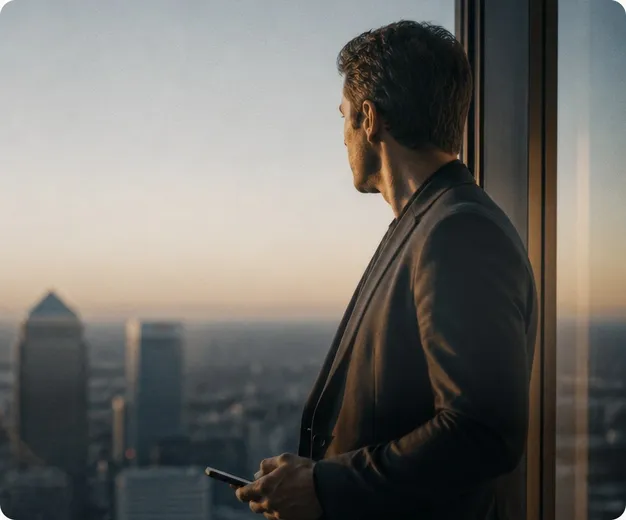 Executivo diante de uma janela com vista para a cidade ao entardecer, consultando o celular.