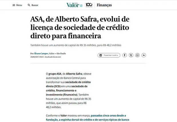 Matéria do Valor Econômico sobre a evolução do ASA para financeira.